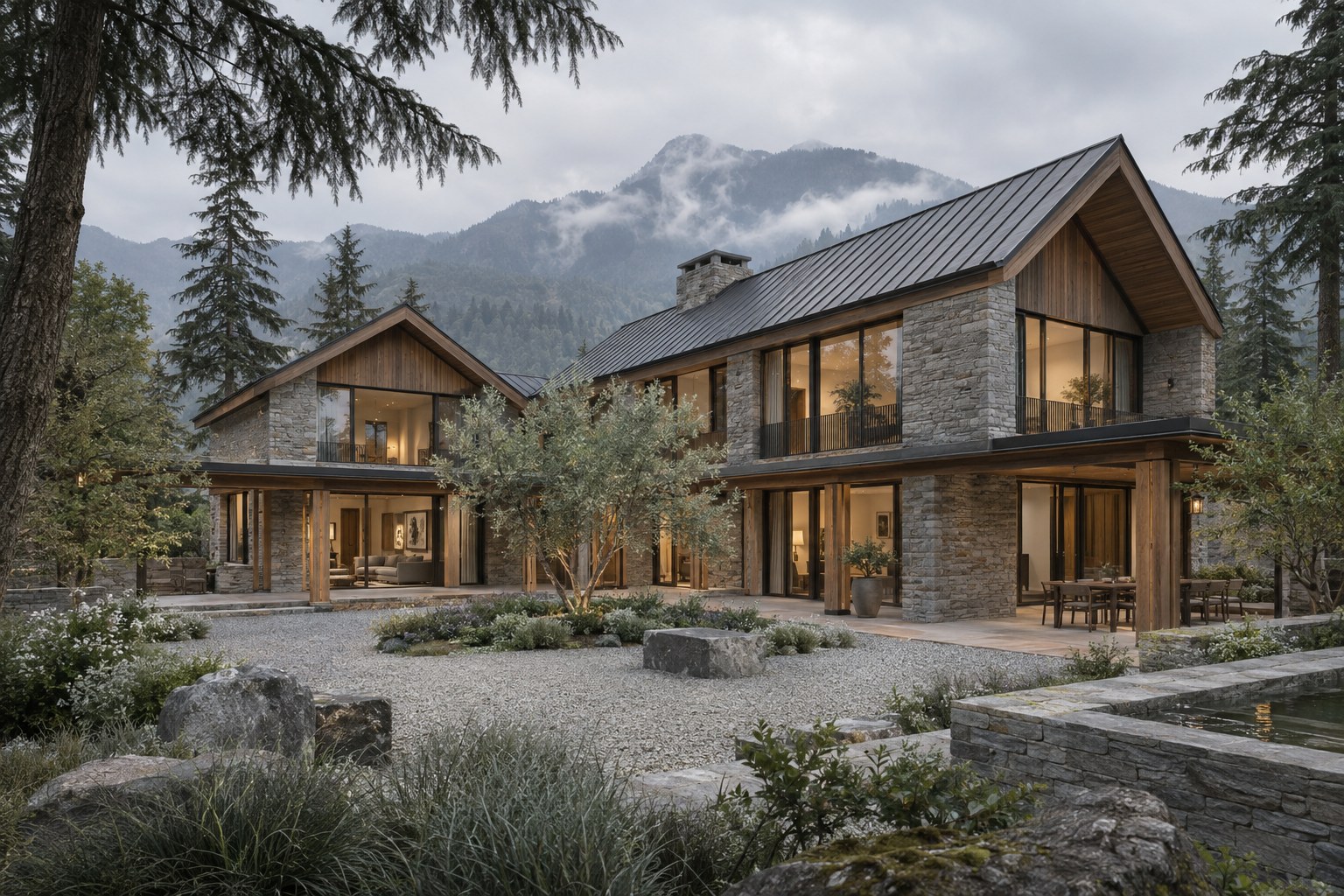 Illustrative AI-generated stone and timber courtyard house in a Kashmir-inspired landscape; not a completed JKH project